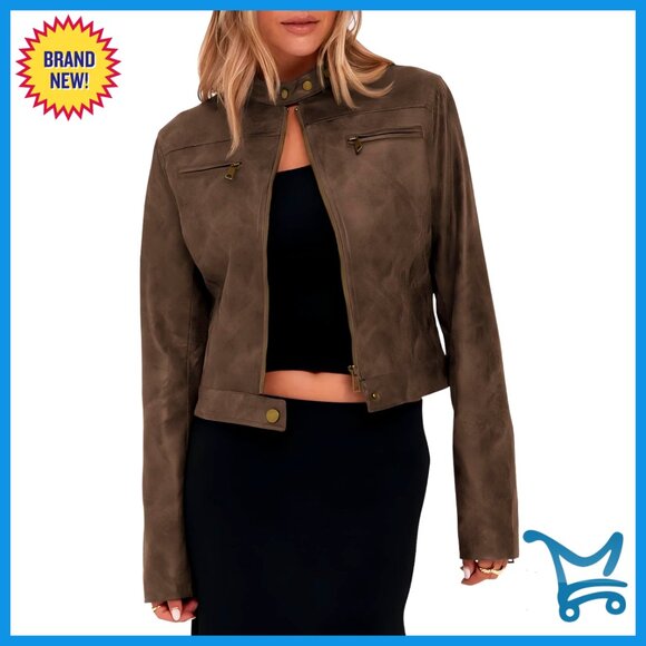 Faux Leather Cropped Jacket Vintage Y2K Motorcycle Style Zip Up Stand Collar